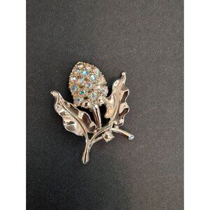 Vintage Silver-Tone Leaf & Pinecone AB Rhinestone Brooch Pin